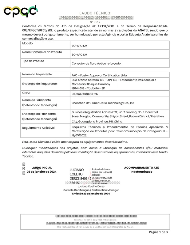 First page of the Anatel certificate