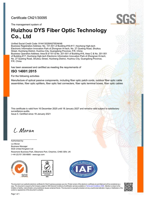 First page of the ISO 14001 certificate