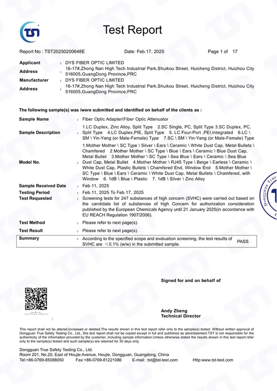 First page of the REACH certificate