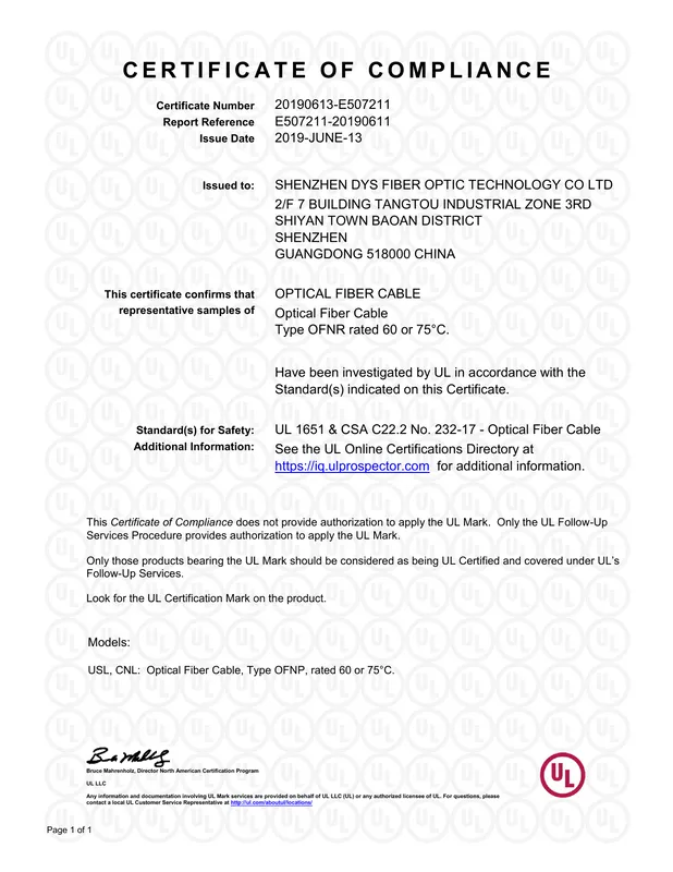 First page of the UL certificate