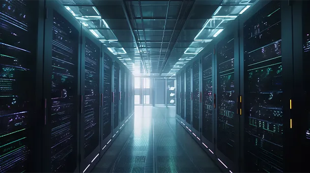 Data center server room corridor lined with high-density racks