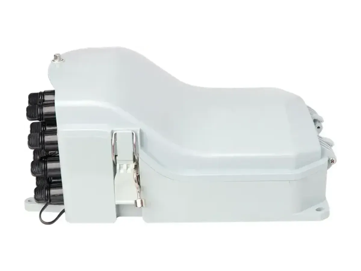 Perfil lateral da Caixa HUB DYS FTTH-103 com trava de segurança antirroubo
