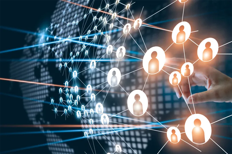 Global fiber network connecting people across a digital world map