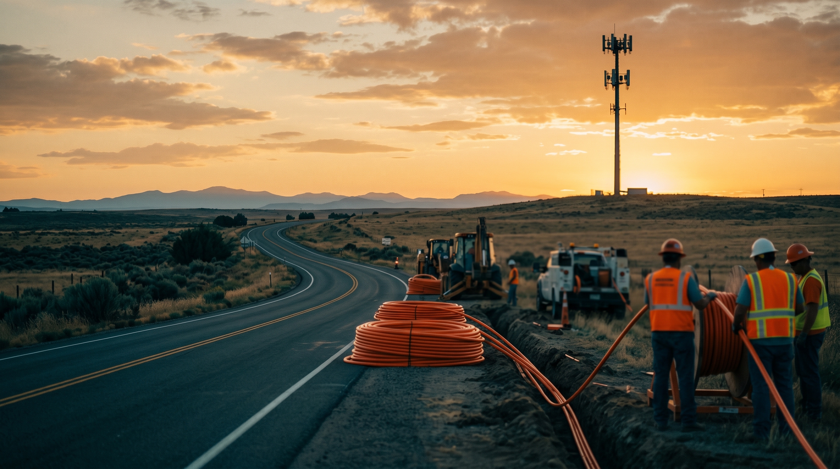 Fiber optic trunk cable installation along a rural highway with a telecom macro tower at golden hour